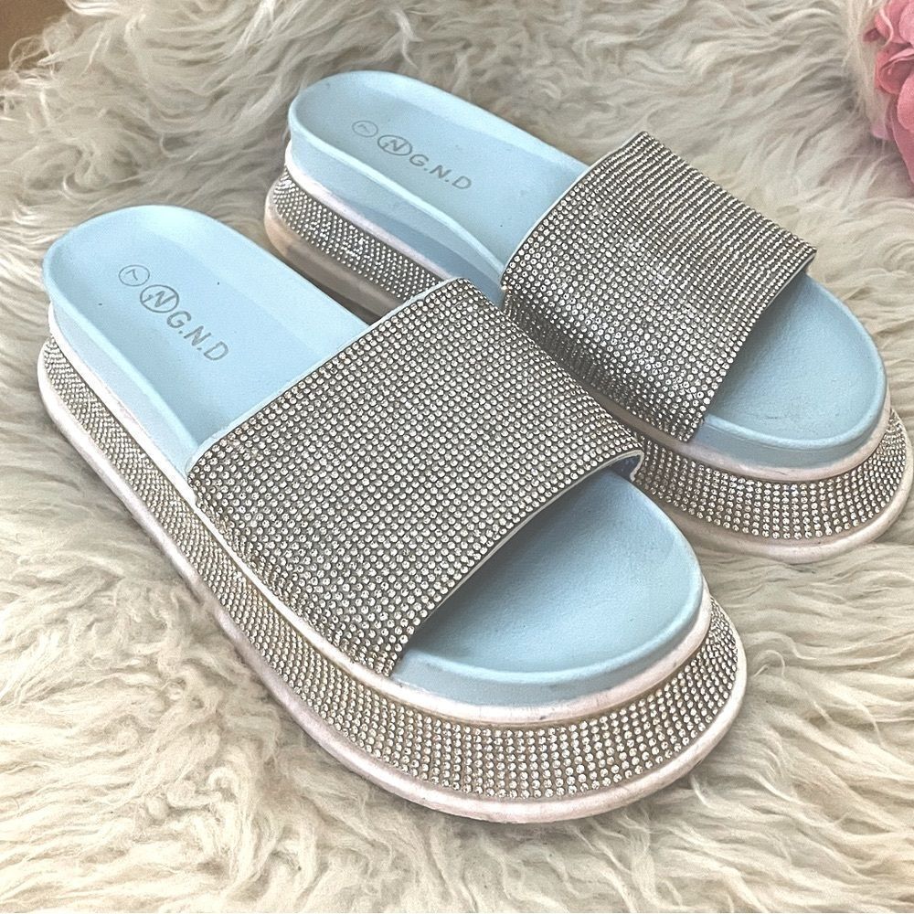 Rhinestone Embellished Slide Platform Sandals 7
